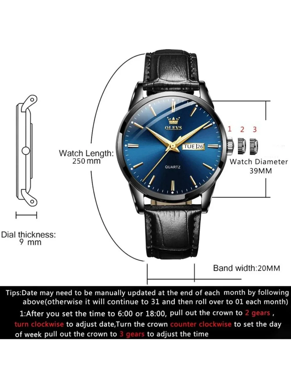 Men's Blue Fashion Quartz Leather Black Buckle Waterproof Luminous Round Watch
